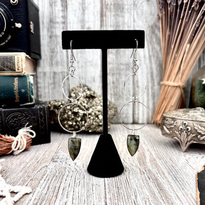 Stainless Steel Labradorite Hoop Earrings / Long Dangle Earrings