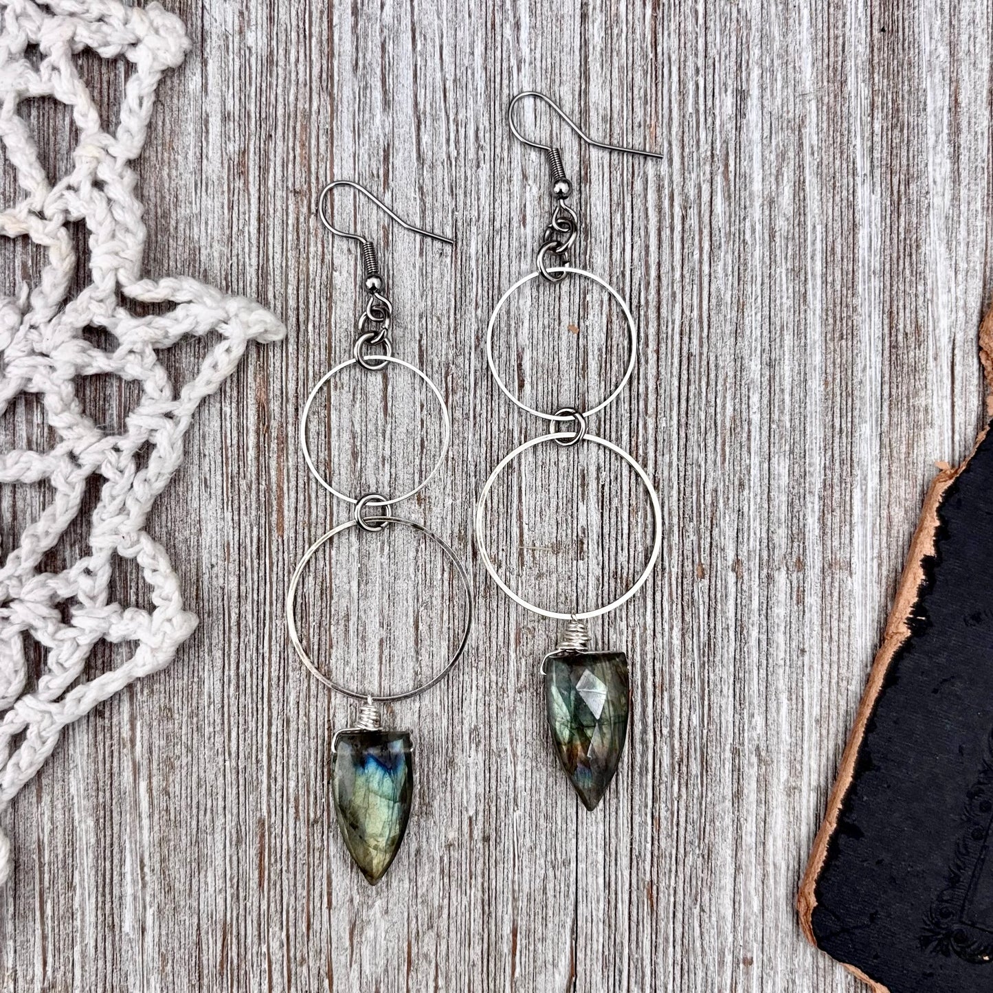 Stainless Steel Labradorite Hoop Earrings / Long Dangle Earrings