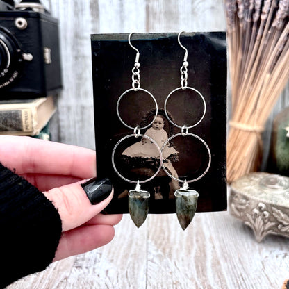 Stainless Steel Labradorite Hoop Earrings / Long Dangle Earrings