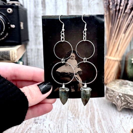 Stainless Steel Labradorite Hoop Earrings / Long Dangle Earrings