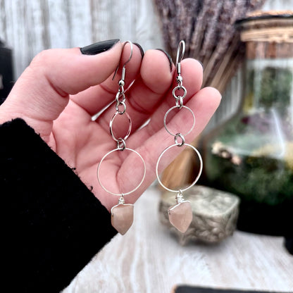 Stainless Steel Peach Moonstone Hoop Earrings / Long Dangle Earrings