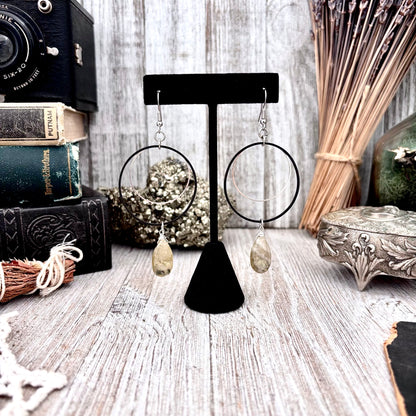 Stainless Steel Citrine Hoop Earrings / Long Dangle Earrings