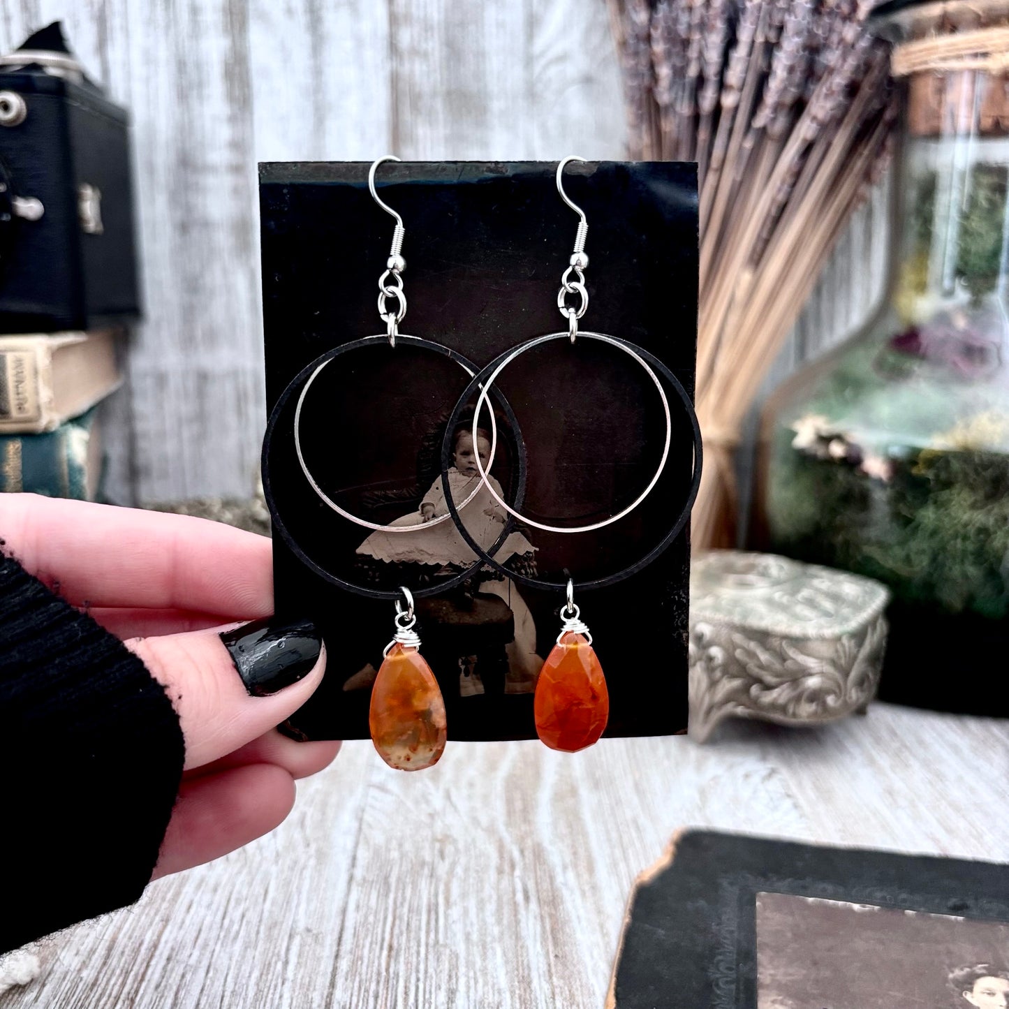 Stainless Steel Carnelian Hoop Earrings / Long Dangle Earrings