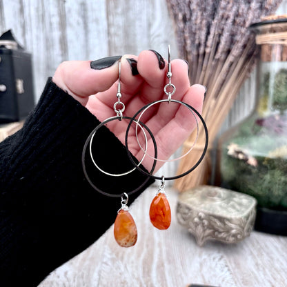Stainless Steel Carnelian Hoop Earrings / Long Dangle Earrings
