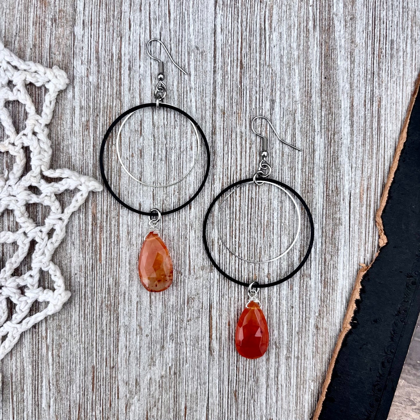 Stainless Steel Carnelian Hoop Earrings / Long Dangle Earrings