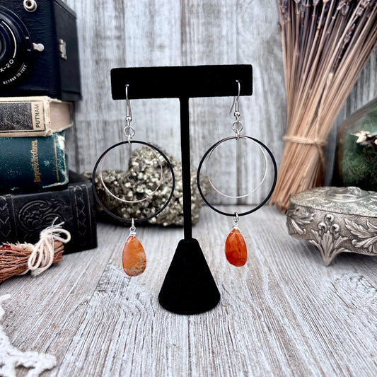 Stainless Steel Carnelian Hoop Earrings / Long Dangle Earrings