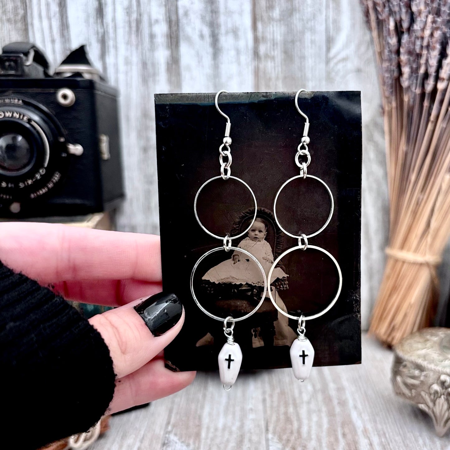 Stainless Steel Coffin Hoop Earrings / Long Dangle Earrings