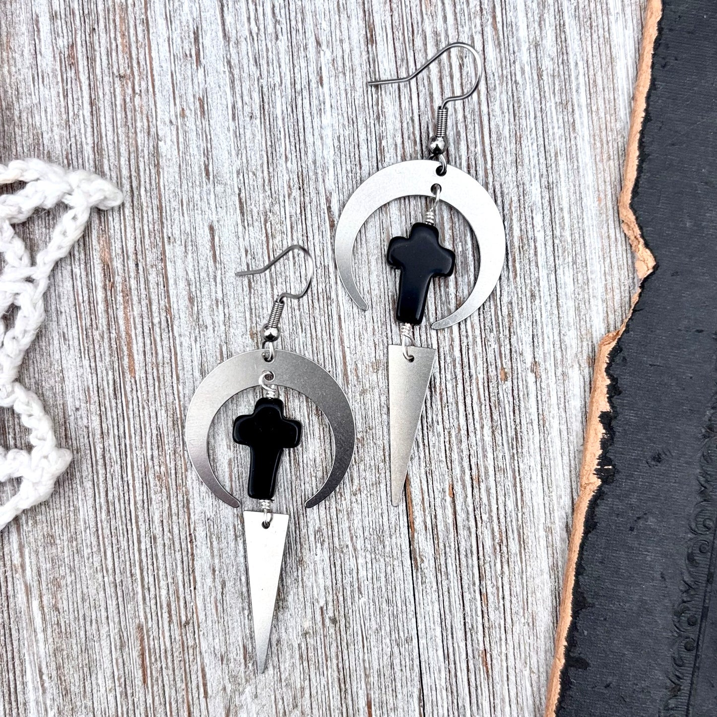 Stainless Steel Black Cross Earrings / Long Dangle Earrings