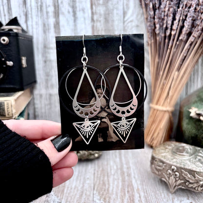 Stainless Steel All Seeing Eye Moon Phases Hoop Earrings / Long Dangle Earrings