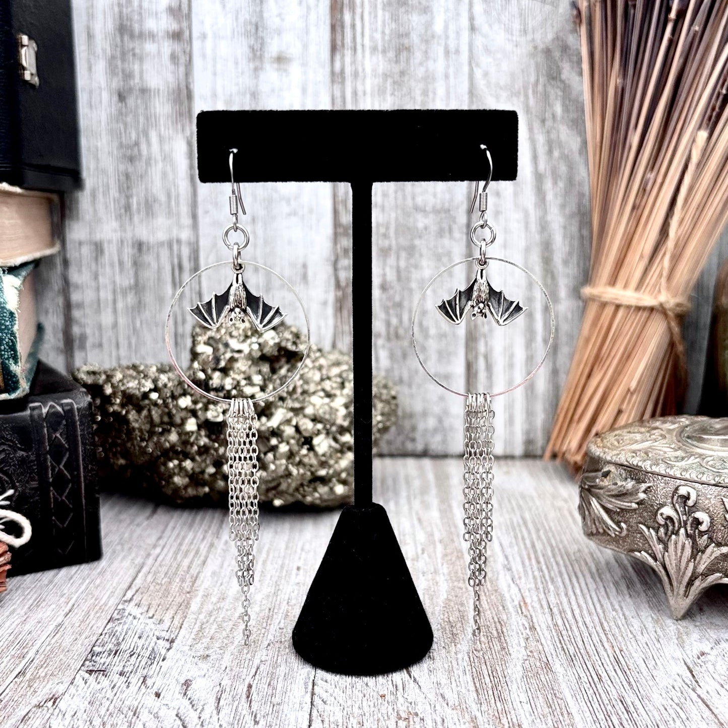 Sterling Silver Bat Fringe Hoop Earrings / Long Dangle Earrings