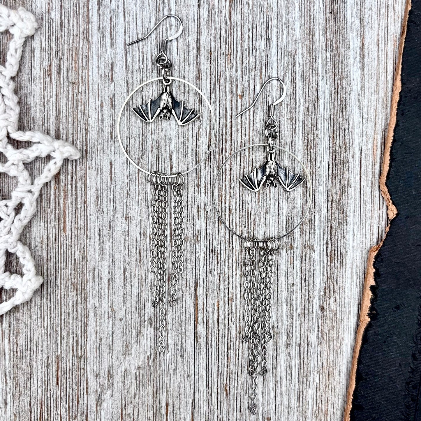 Sterling Silver Bat Fringe Hoop Earrings / Long Dangle Earrings