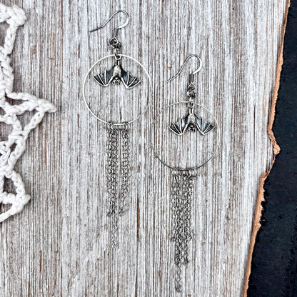 Sterling Silver Bat Fringe Hoop Earrings / Long Dangle Earrings