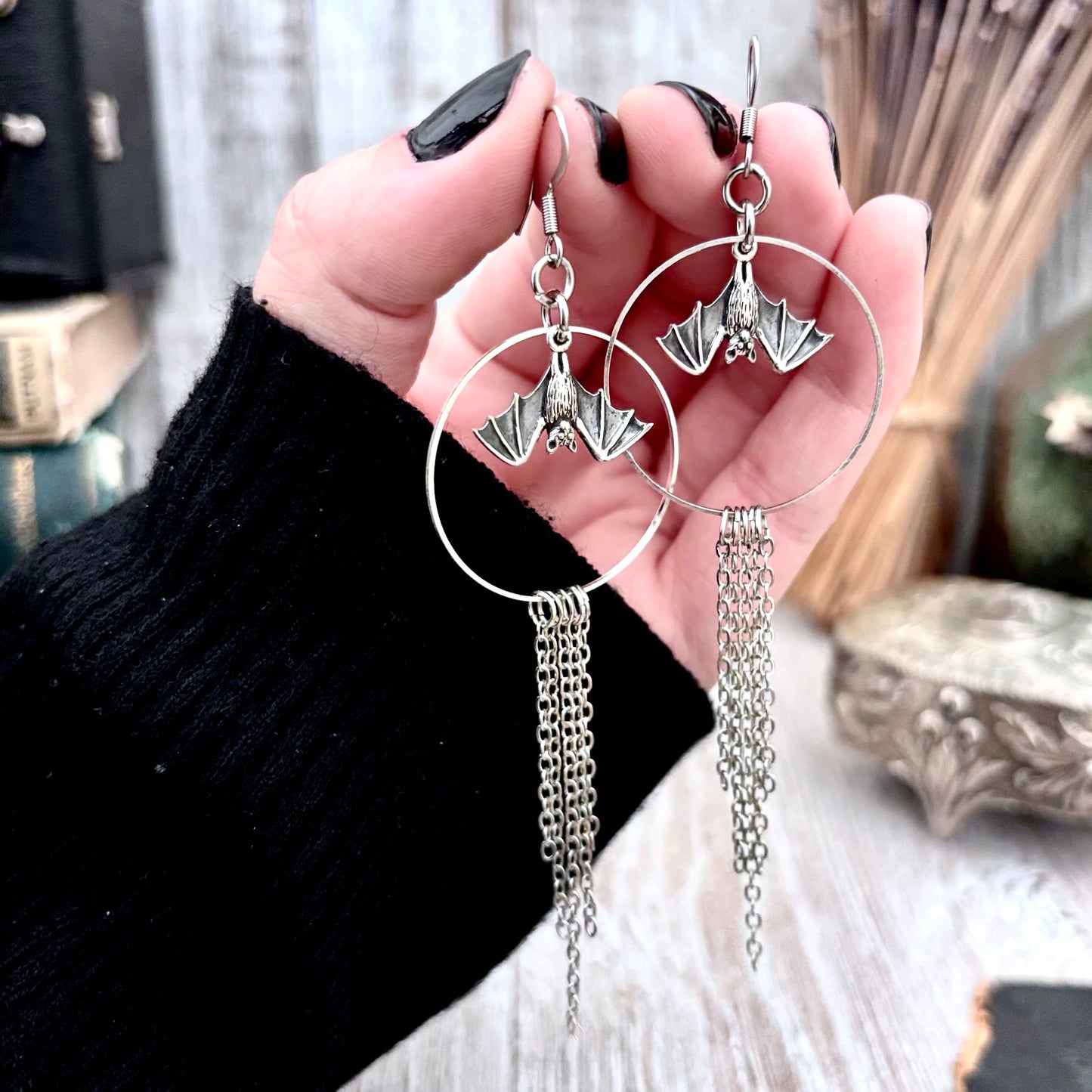 Sterling Silver Bat Fringe Hoop Earrings / Long Dangle Earrings