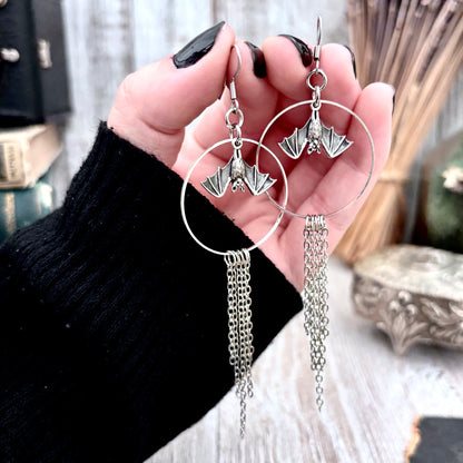 Sterling Silver Bat Fringe Hoop Earrings / Long Dangle Earrings