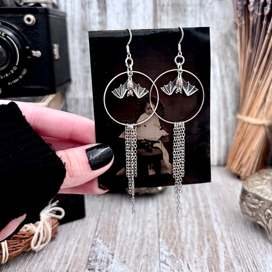 Sterling Silver Bat Fringe Hoop Earrings / Long Dangle Earrings