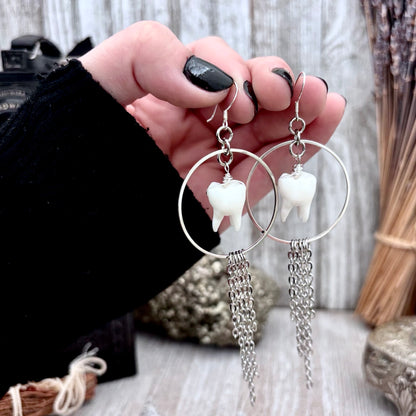 Stainless Steel Tooth Fringe Hoop Earrings / Long Dangle Earrings
