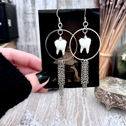 Stainless Steel Tooth Fringe Hoop Earrings / Long Dangle Earrings