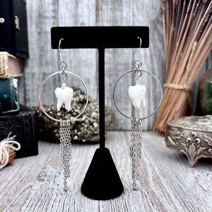 Stainless Steel Tooth Fringe Hoop Earrings / Long Dangle Earrings