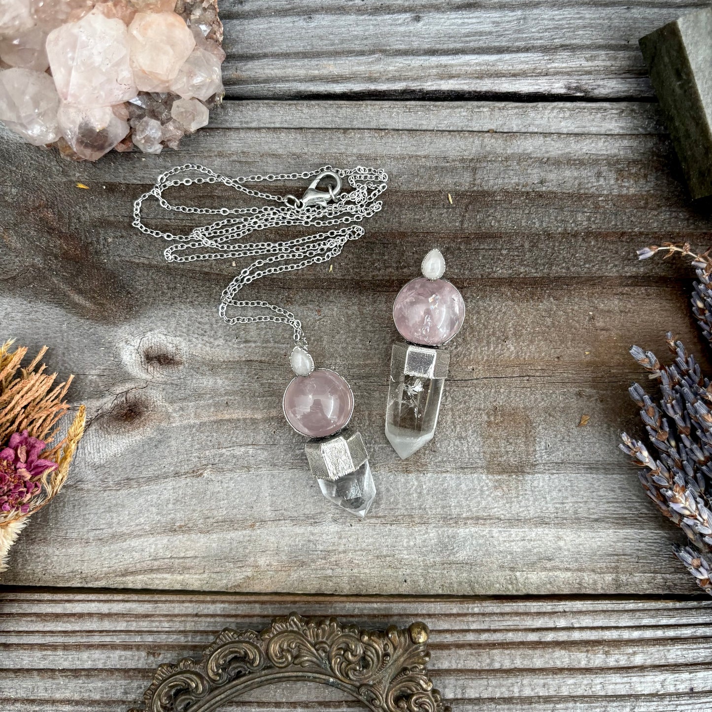 Crystal Necklace - Rose Quartz Ball, Included Quartz Point and Clear Quartz set in Fine Silver / One of a Kind - by Foxlark (Copy)