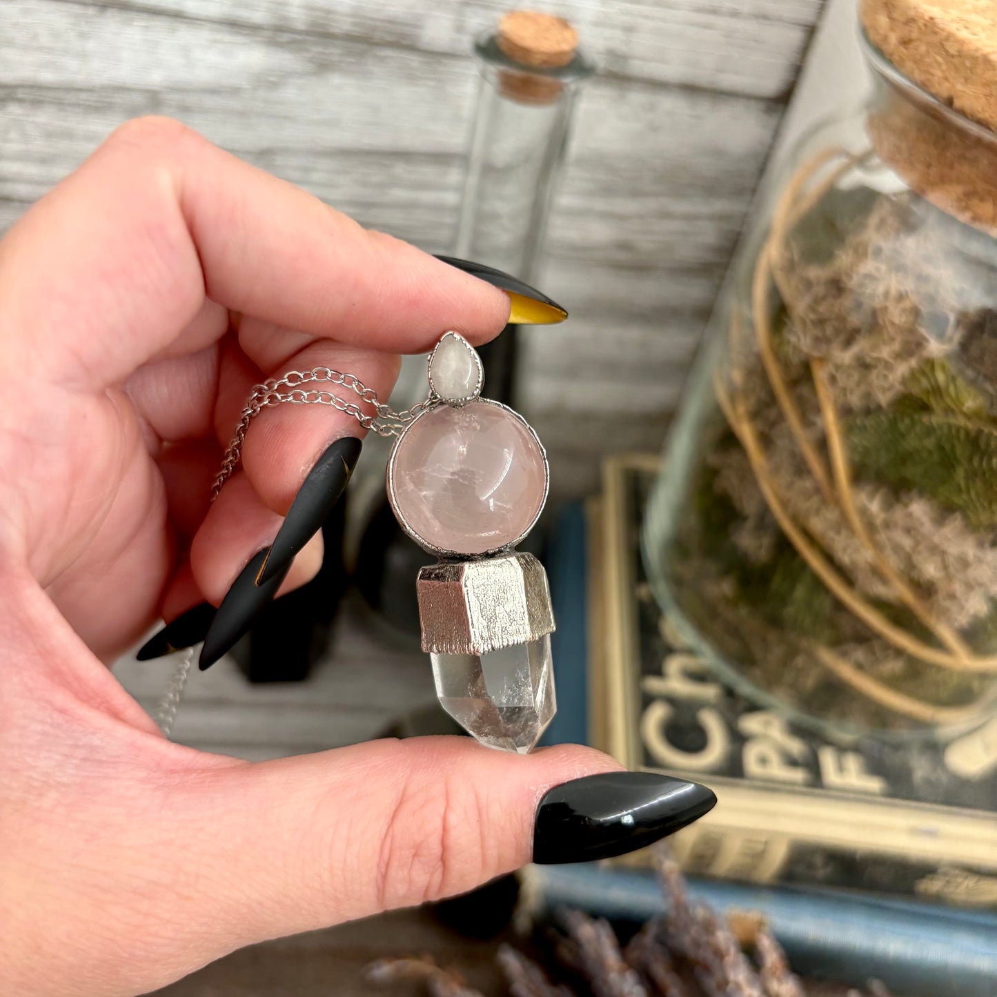 Crystal Necklace - Rose Quartz Ball, Included Quartz Point and Clear Quartz set in Fine Silver / One of a Kind - by Foxlark (Copy)