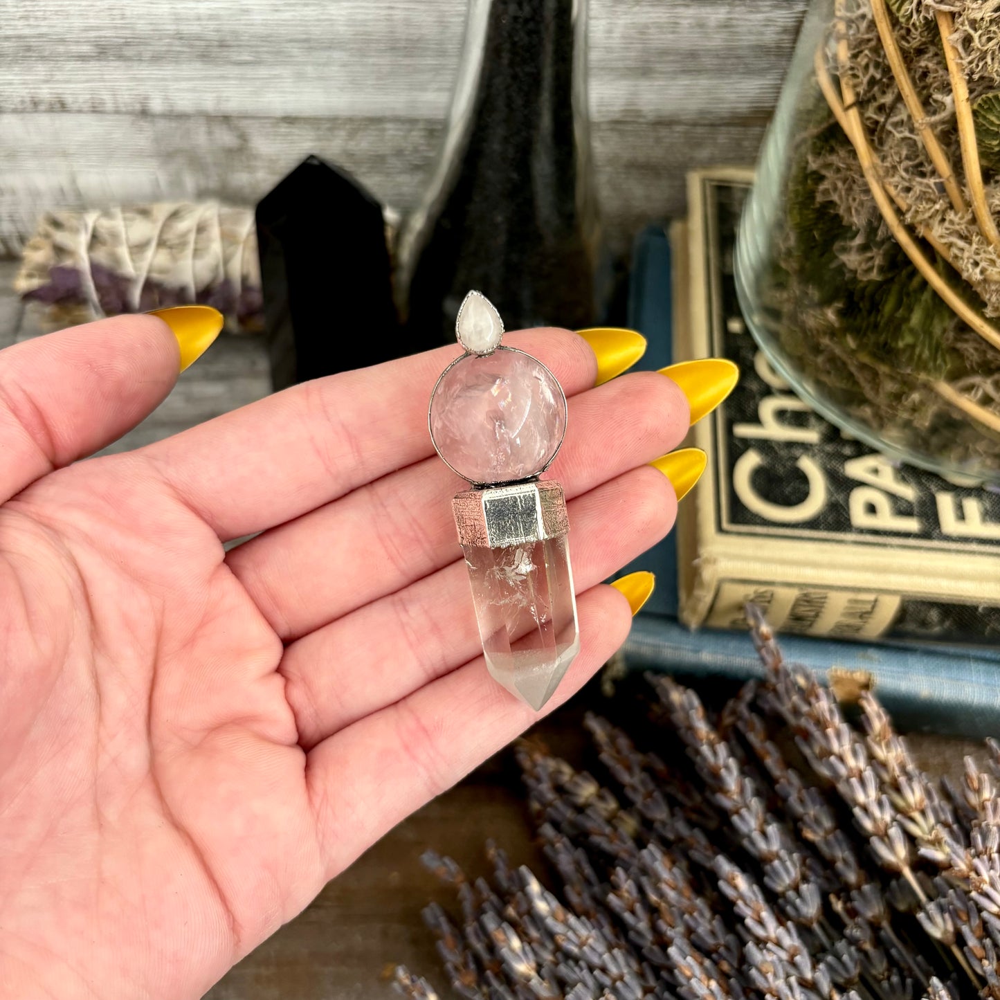 Crystal Necklace - Rose Quartz Ball, Included Quartz Point and Clear Quartz set in Fine Silver / One of a Kind - by Foxlark (Copy)