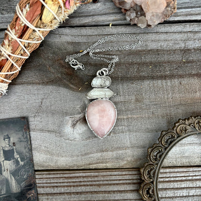 Three Stone Necklace Rose Quartz Clear Quartz Tourmaline Quartz Silver / Foxlark Collection