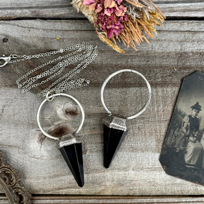 Black Obsidian Crystal Pendulum Necklace Pendant in Fine Silver  / Foxlark Collection