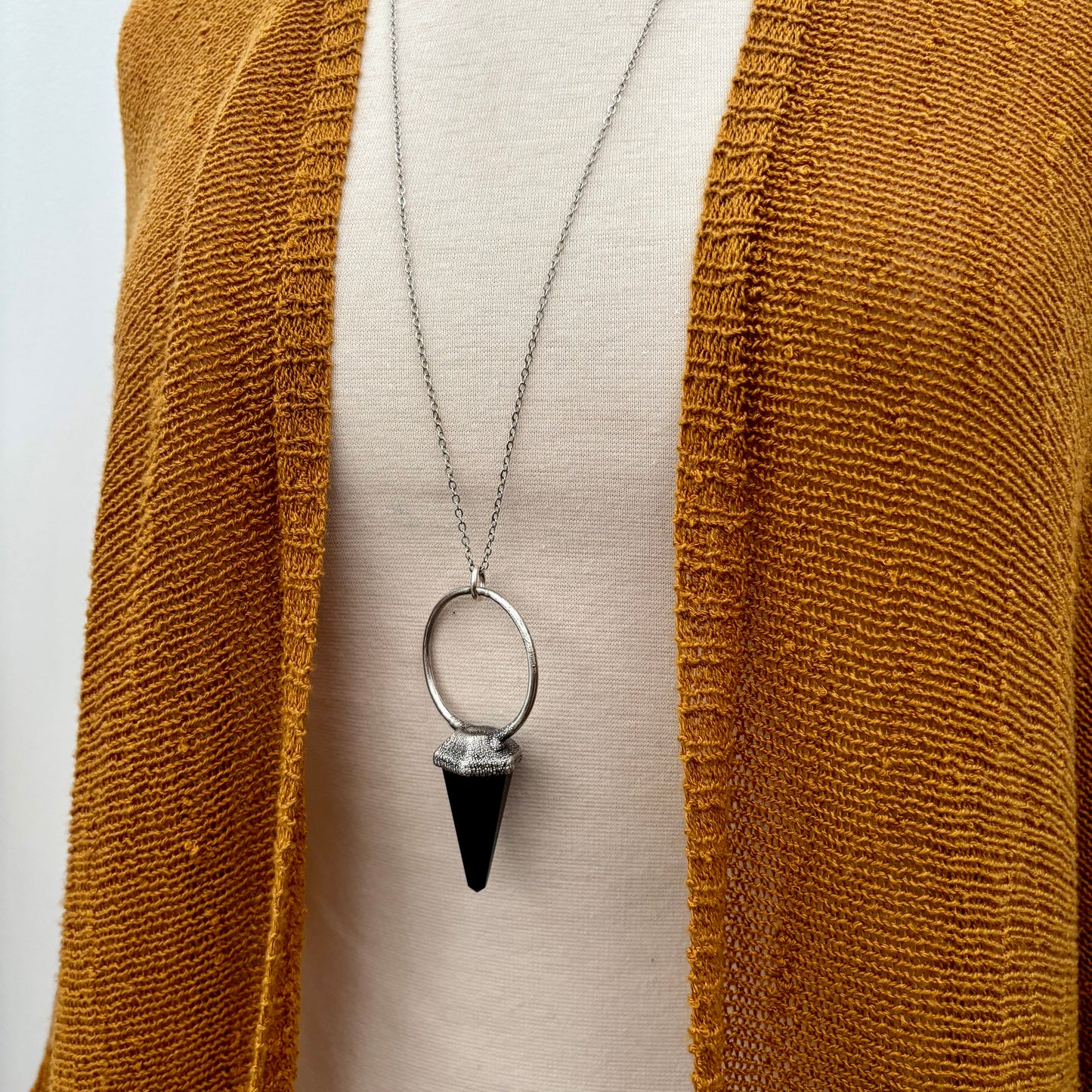 Black Obsidian Crystal Pendulum Necklace Pendant in Fine Silver  / Foxlark Collection