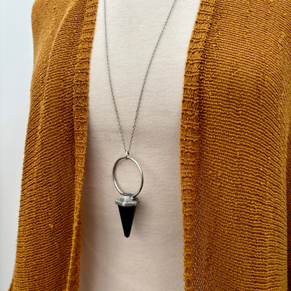 Black Obsidian Crystal Pendulum Necklace Pendant in Fine Silver  / Foxlark Collection