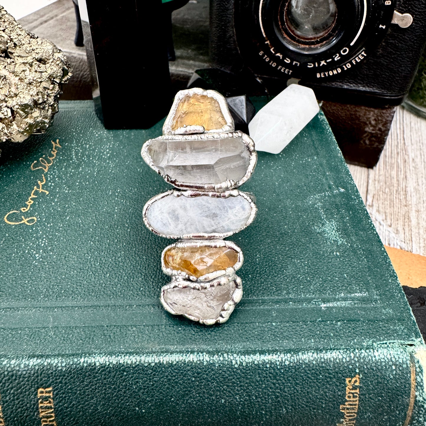 Multi Stone Clear Quartz Citrine & Rainbow Moonstone Ring In Fine Silver Size 10 / Foxlark Collection
