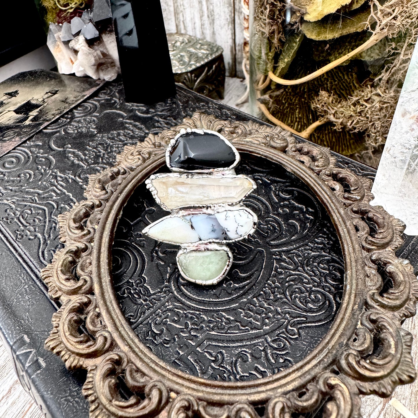 Multi Stone Black Onyx Clear Quartz Dendritic Agate & Amazonite Ring In Fine Silver Size 10.5 / Foxlark Collection