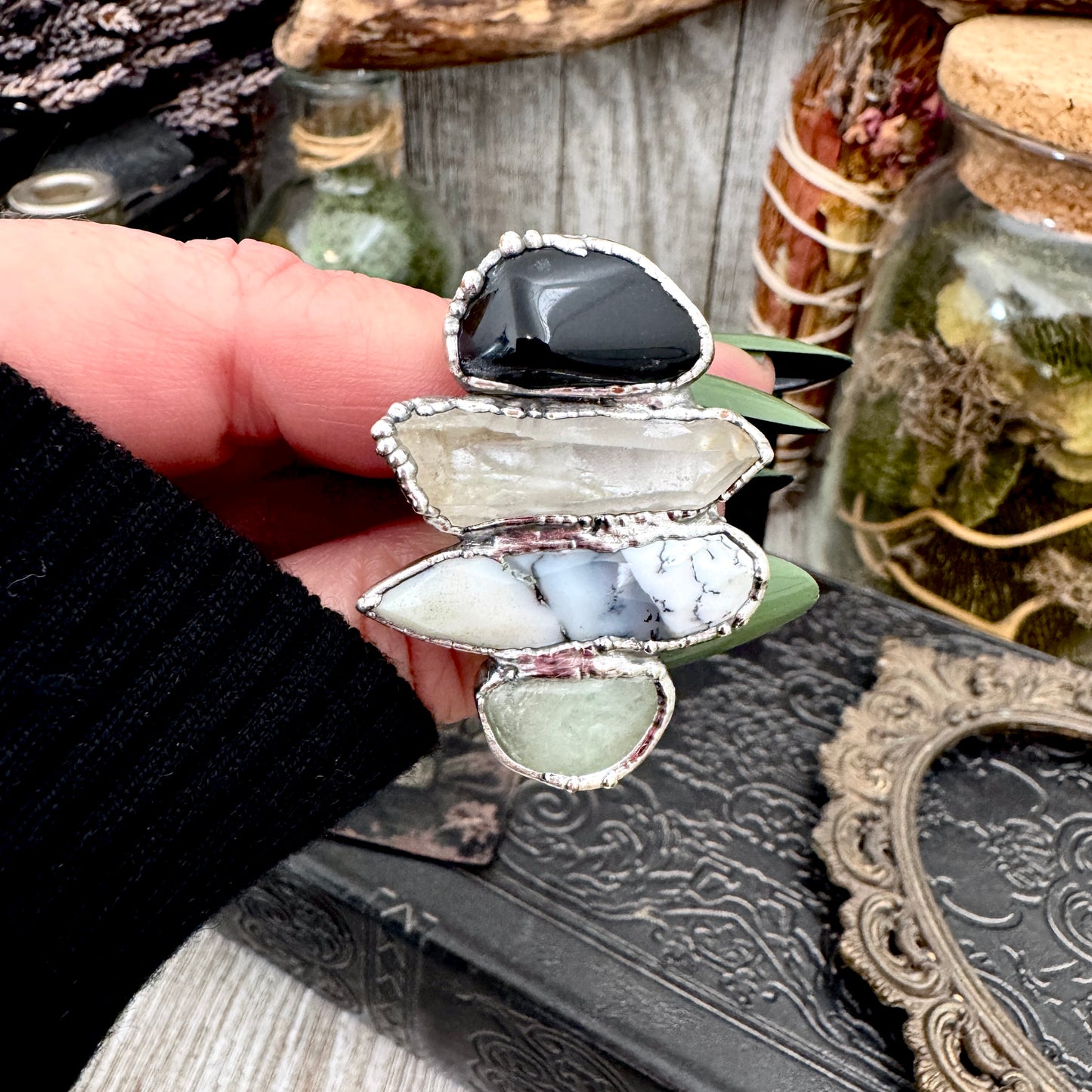 Multi Stone Black Onyx Clear Quartz Dendritic Agate & Amazonite Ring In Fine Silver Size 10.5 / Foxlark Collection