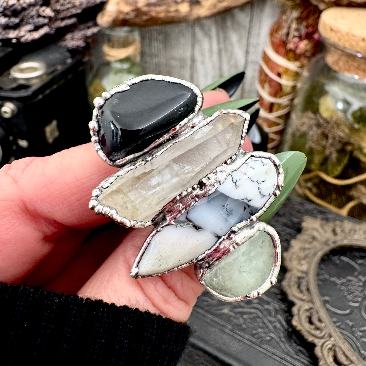 Multi Stone Black Onyx Clear Quartz Dendritic Agate & Amazonite Ring In Fine Silver Size 10.5 / Foxlark Collection