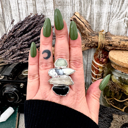 Multi Stone Black Onyx Clear Quartz Dendritic Agate & Amazonite Ring In Fine Silver Size 10.5 / Foxlark Collection