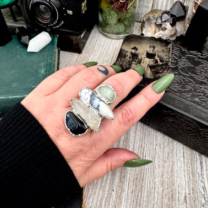 Multi Stone Black Onyx Clear Quartz Dendritic Agate & Amazonite Ring In Fine Silver Size 10.5 / Foxlark Collection