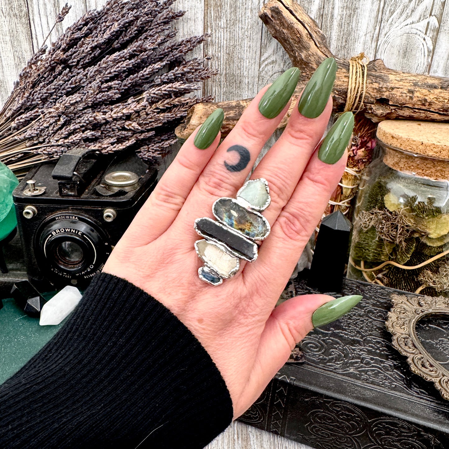 Multi Stone Amazonite Labradorite Smoky Quartz Clear Quartz & Blue Kyanite Ring In Fine Silver Size 9 / Foxlark Collection