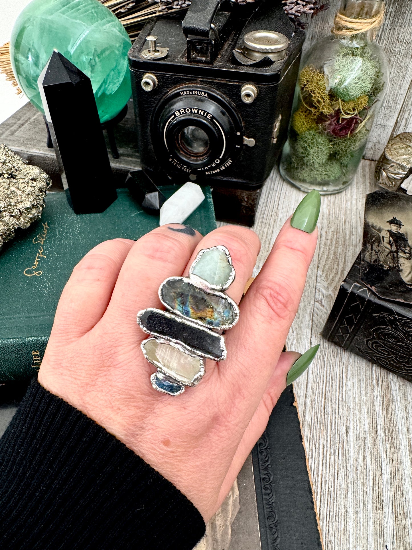 Multi Stone Amazonite Labradorite Smoky Quartz Clear Quartz & Blue Kyanite Ring In Fine Silver Size 9 / Foxlark Collection
