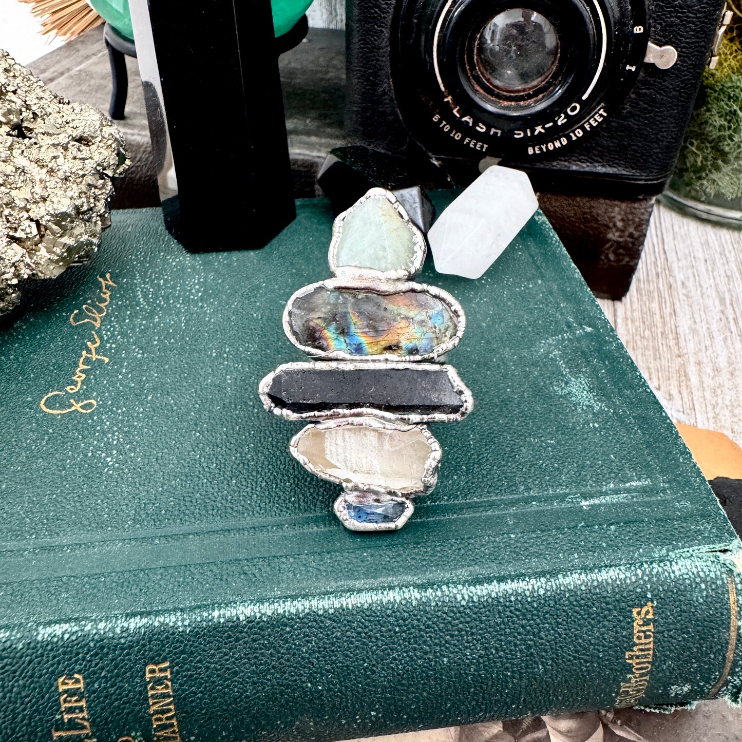 Multi Stone Amazonite Labradorite Smoky Quartz Clear Quartz & Blue Kyanite Ring In Fine Silver Size 9 / Foxlark Collection