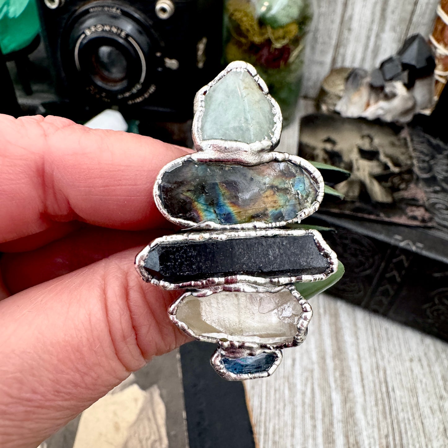 Multi Stone Amazonite Labradorite Smoky Quartz Clear Quartz & Blue Kyanite Ring In Fine Silver Size 9 / Foxlark Collection