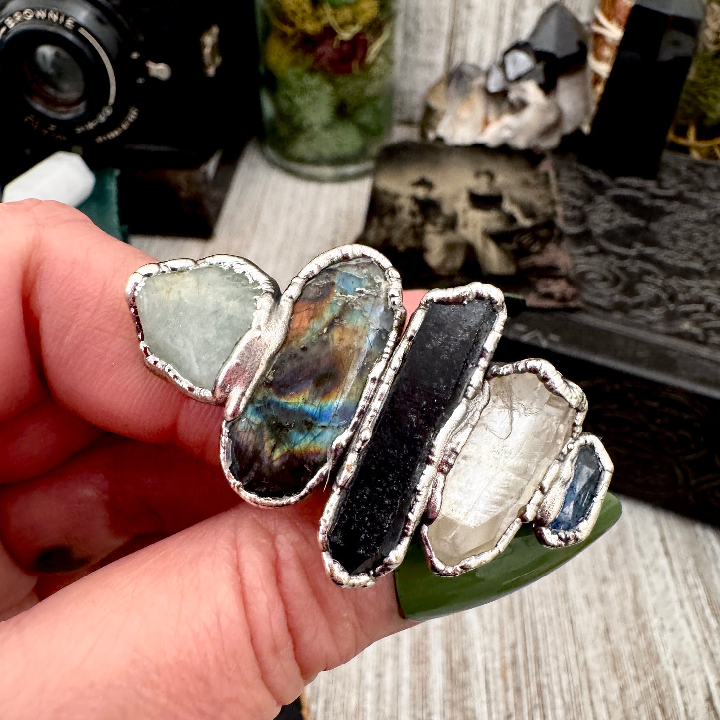 Multi Stone Amazonite Labradorite Smoky Quartz Clear Quartz & Blue Kyanite Ring In Fine Silver Size 9 / Foxlark Collection