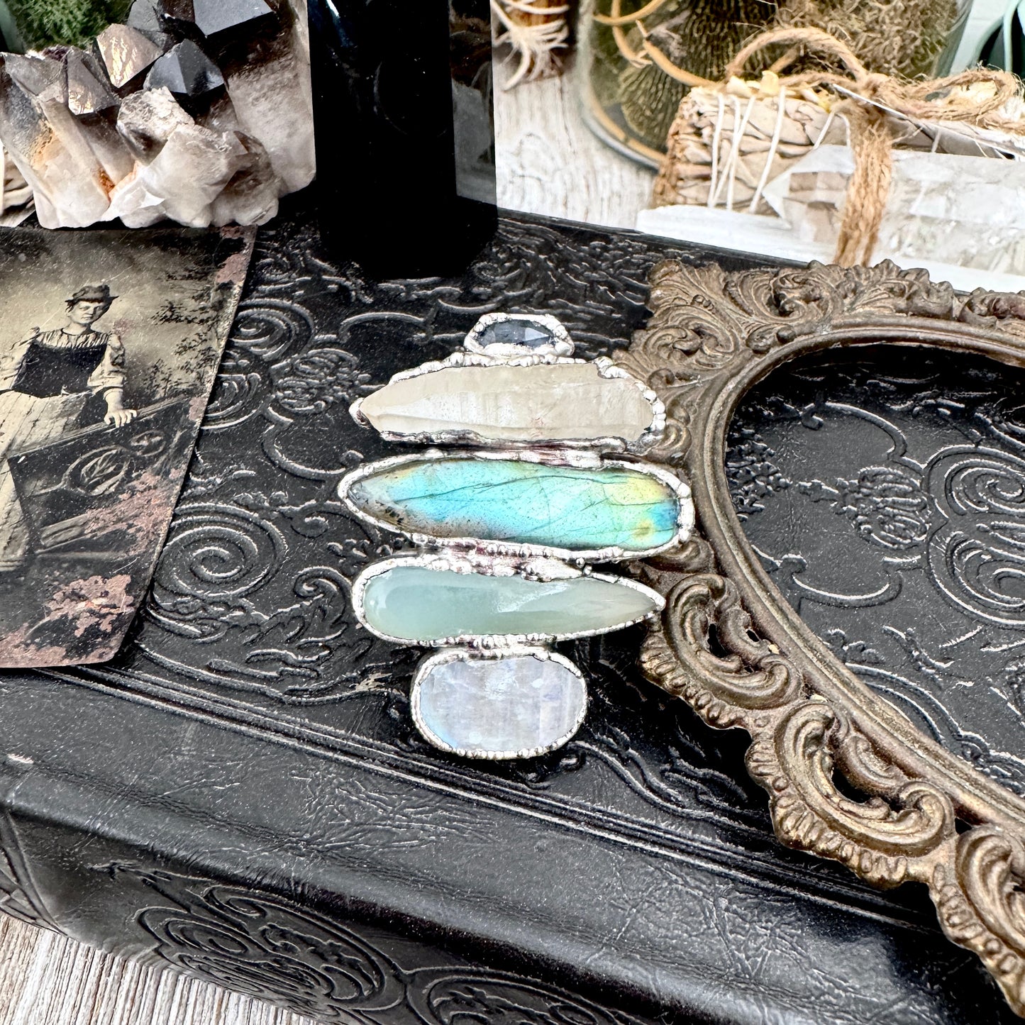 Multi Stone Blue Kyanite Clear Quartz Labradorite Blue Chalcedony & Rainbow Moonstone Ring In Fine Silver Size 8 / Foxlark Collection