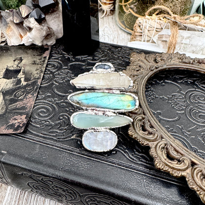 Multi Stone Blue Kyanite Clear Quartz Labradorite Blue Chalcedony & Rainbow Moonstone Ring In Fine Silver Size 8 / Foxlark Collection