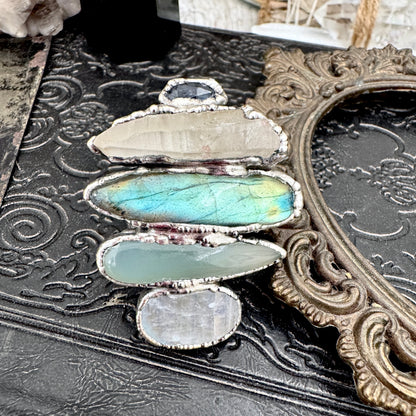 Multi Stone Blue Kyanite Clear Quartz Labradorite Blue Chalcedony & Rainbow Moonstone Ring In Fine Silver Size 8 / Foxlark Collection