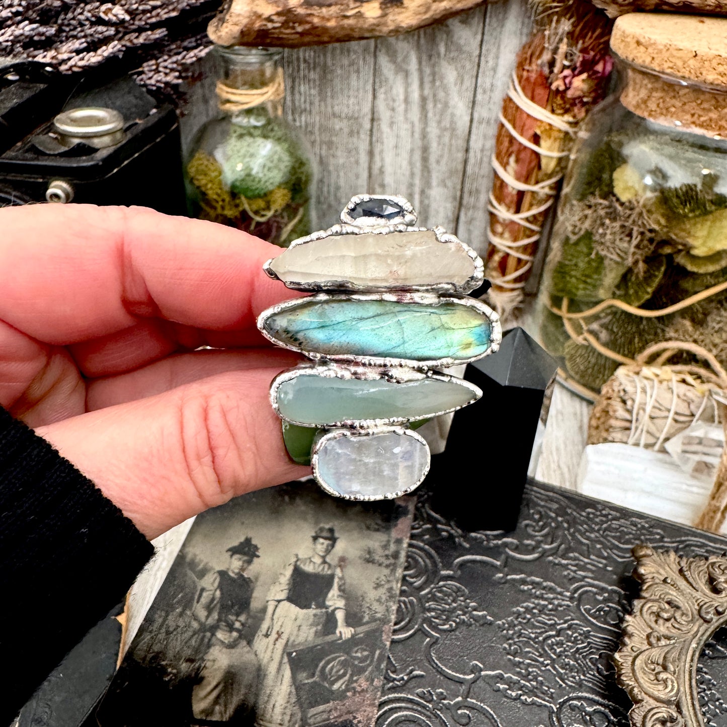 Multi Stone Blue Kyanite Clear Quartz Labradorite Blue Chalcedony & Rainbow Moonstone Ring In Fine Silver Size 8 / Foxlark Collection