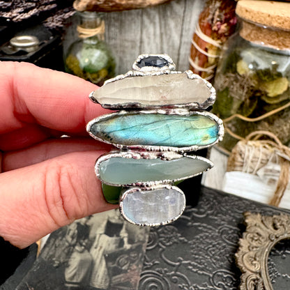 Multi Stone Blue Kyanite Clear Quartz Labradorite Blue Chalcedony & Rainbow Moonstone Ring In Fine Silver Size 8 / Foxlark Collection