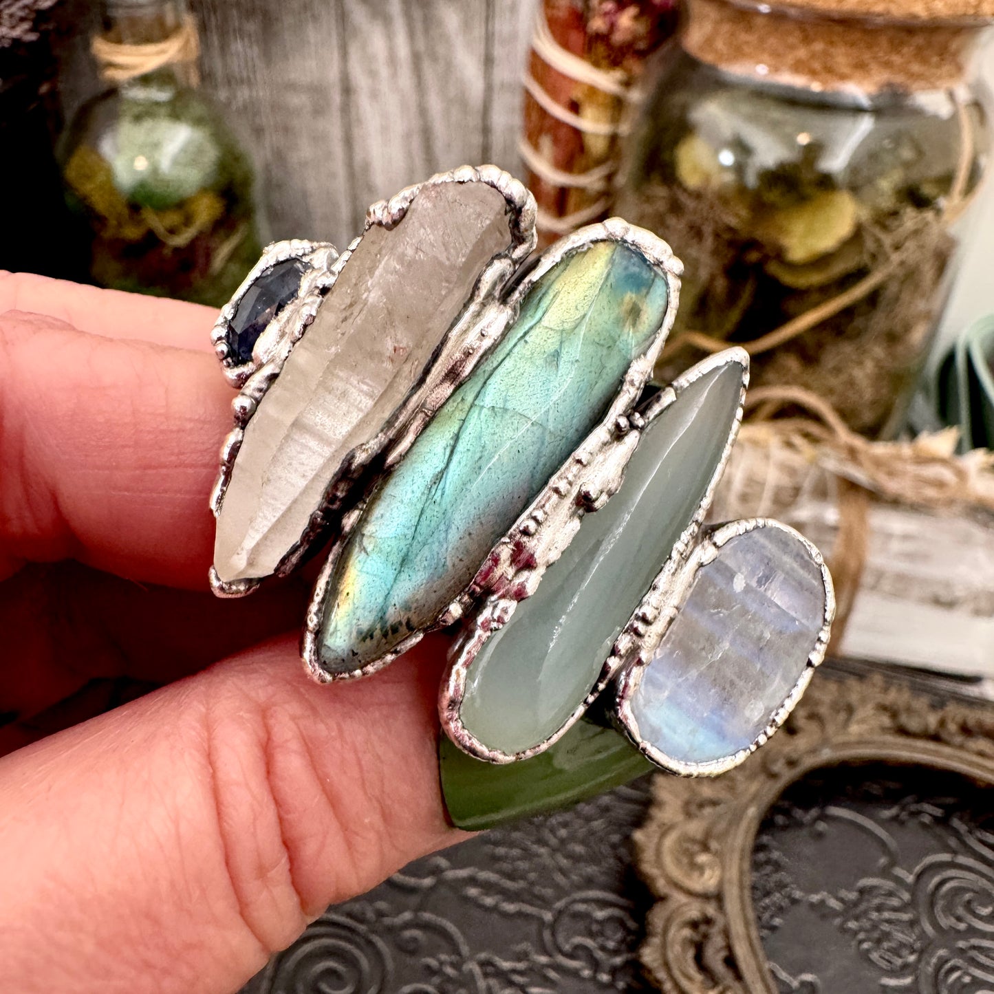 Multi Stone Blue Kyanite Clear Quartz Labradorite Blue Chalcedony & Rainbow Moonstone Ring In Fine Silver Size 8 / Foxlark Collection