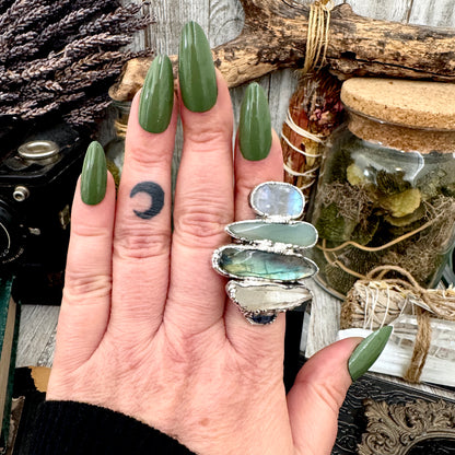 Multi Stone Blue Kyanite Clear Quartz Labradorite Blue Chalcedony & Rainbow Moonstone Ring In Fine Silver Size 8 / Foxlark Collection