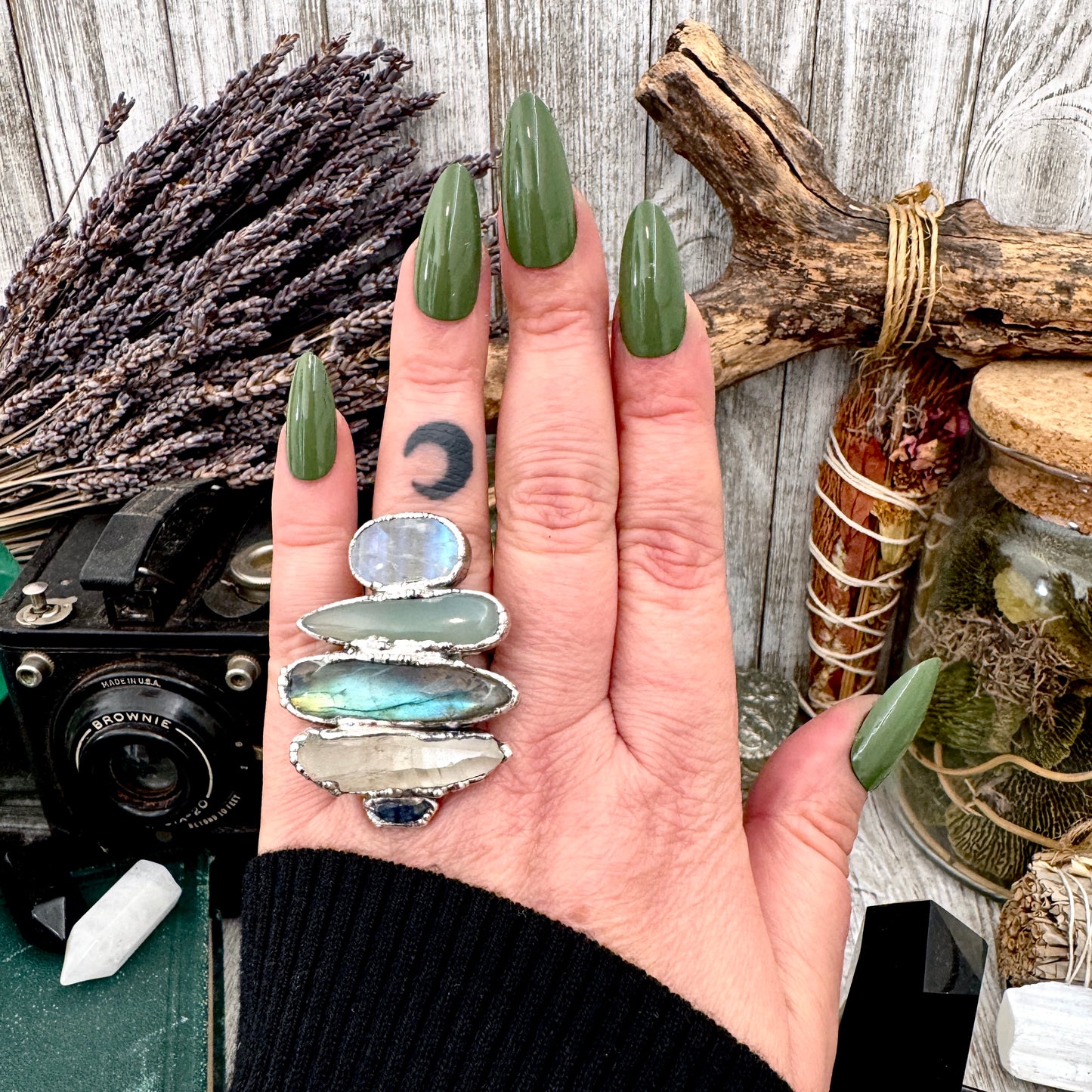 Multi Stone Blue Kyanite Clear Quartz Labradorite Blue Chalcedony & Rainbow Moonstone Ring In Fine Silver Size 8 / Foxlark Collection