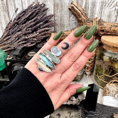 Multi Stone Blue Kyanite Clear Quartz Labradorite Blue Chalcedony & Rainbow Moonstone Ring In Fine Silver Size 8 / Foxlark Collection