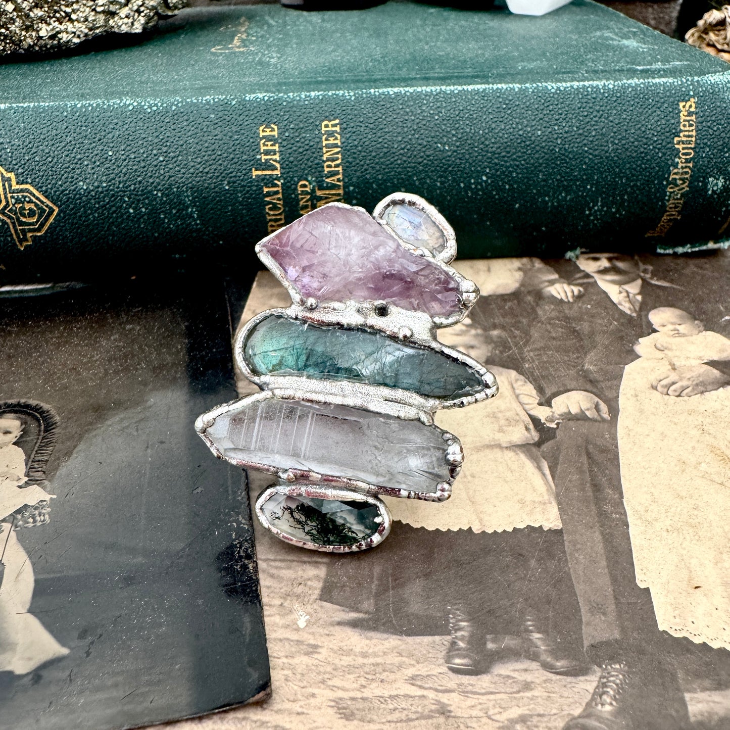 Multi Stone Moss Agate Clear Quartz Labradorite Amethyst & Rainbow Moonstone Ring In Fine Silver Size 10 / Foxlark Collection